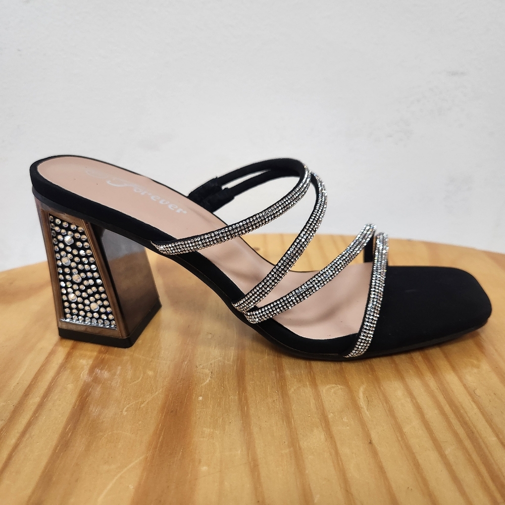 Black with Silver Rhinestone Strappy Chunky Heels